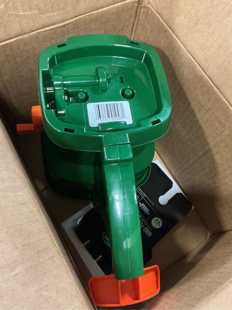 Condition photo showing As Is for scotts whirl hand-powered spreader - for grass seed, lawn fertilizers, salt, and ice melt, handheld spreader holds up to 1,500 sq. ft. of product
