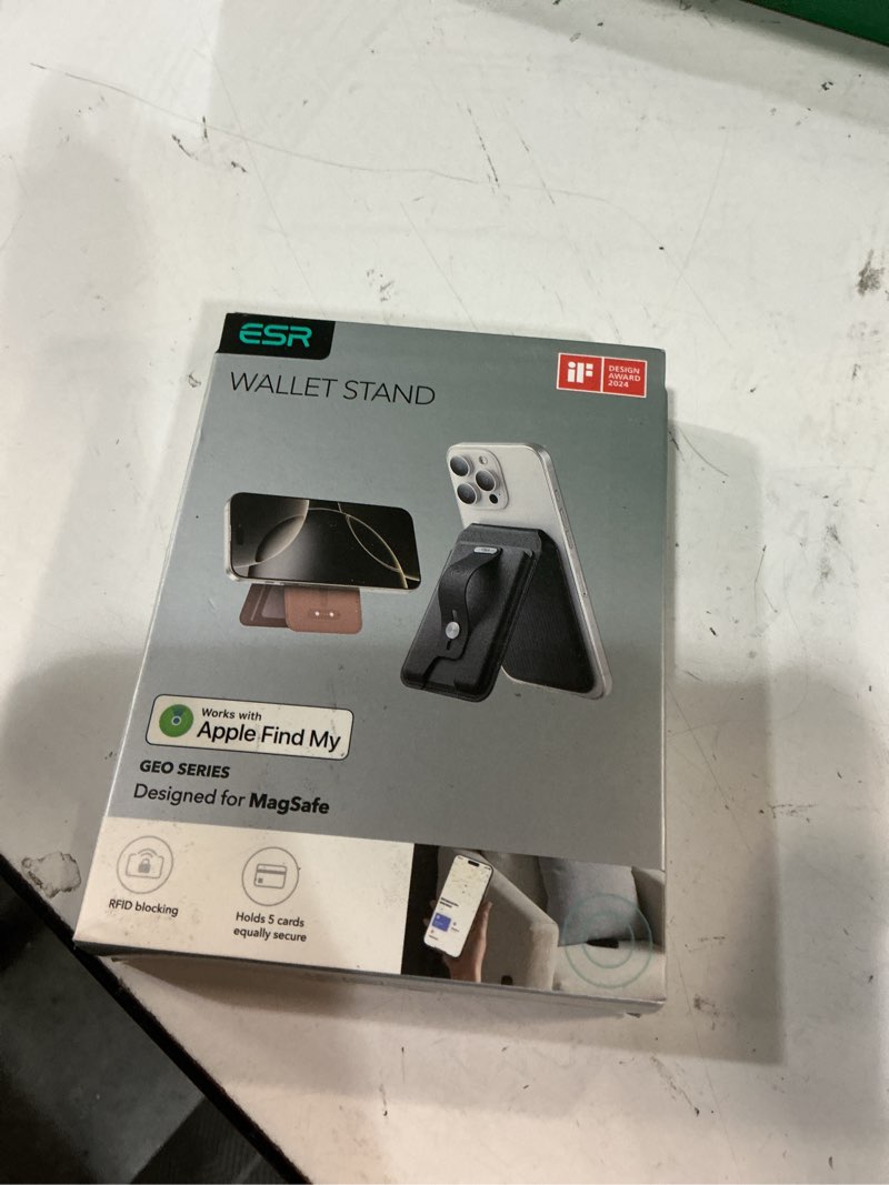 Condition photo showing New/Like New for esr geo for magsafe wallet with full find my functionality,5 card holder stand grip for phone case, rfid blocking, magnetic wallet for iphone 17e/17/16/15/14/13/12 series, with adjustable stand, black