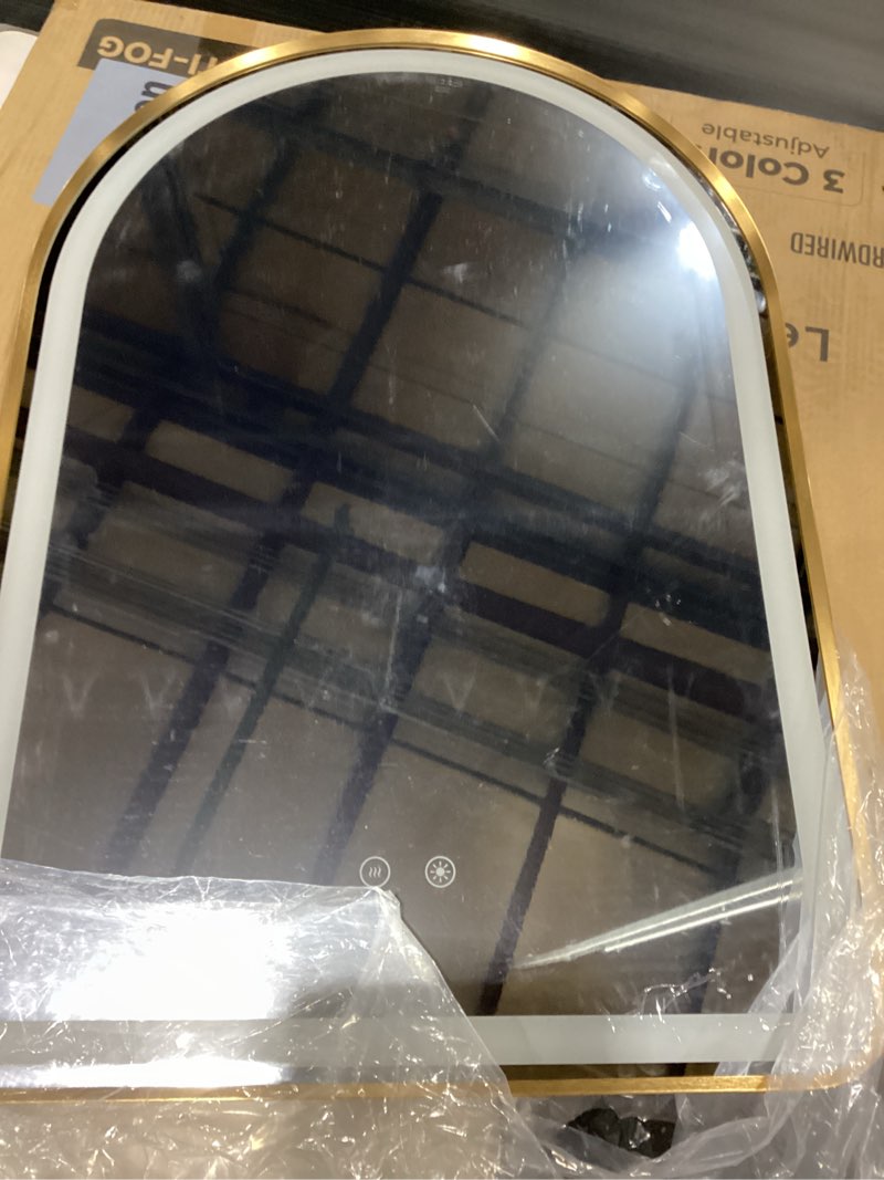 Condition photo showing Good Condition for Arched LED Bathroom Mirror, 22"x32" Gold Aluminum Frame Bathroom Mirror with Lights, Lighted Vanity Mirror for Wall, Anti-Fog, Stepless Dimmable, 3 Color Temperature Vanity Mirror Gold 22"L x 32"W