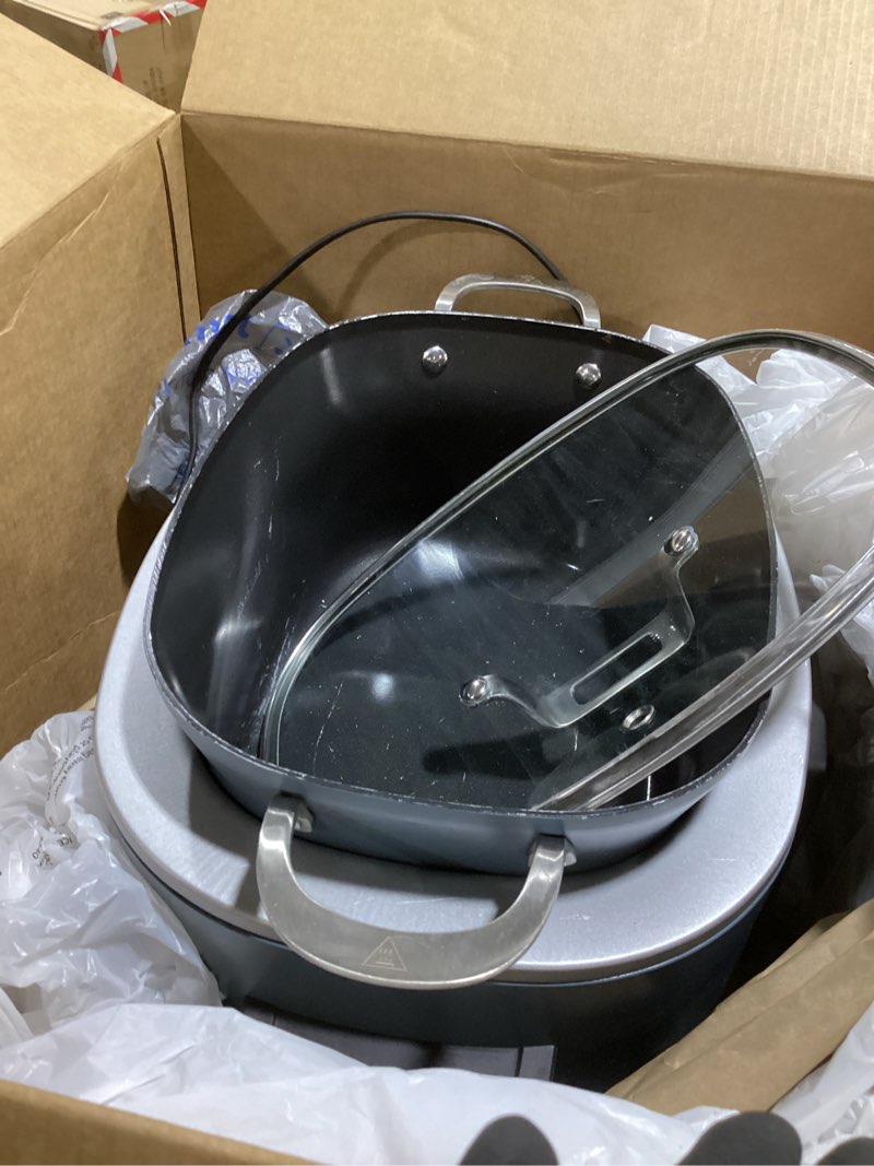 Condition photo showing As Is for ninja mc1001 foodi possiblecooker pro 8.5 quart multi-cooker, with 8-in-1 slow cooker, dutch oven, steamer, glass lid integrated spoon, nonstick, oven safe pot to 500°f, sea salt gray