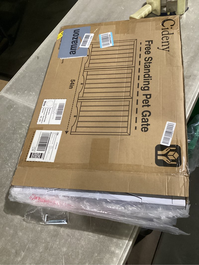 Condition photo showing Good Condition for free standing dog gate indoor, foldable dog gate for doorways stairs hallways, 3-panel freestanding pet gate with support feet for stability, folding puppy gate easy to move, doggy gate 54"x24" white 3-panel, 24"tall