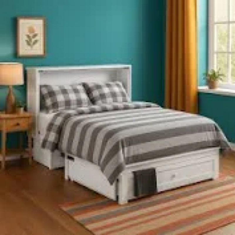 Ashby Queen Cabinet Bed With Storage Drawer, Ivory Oak, Box 1 Of 2