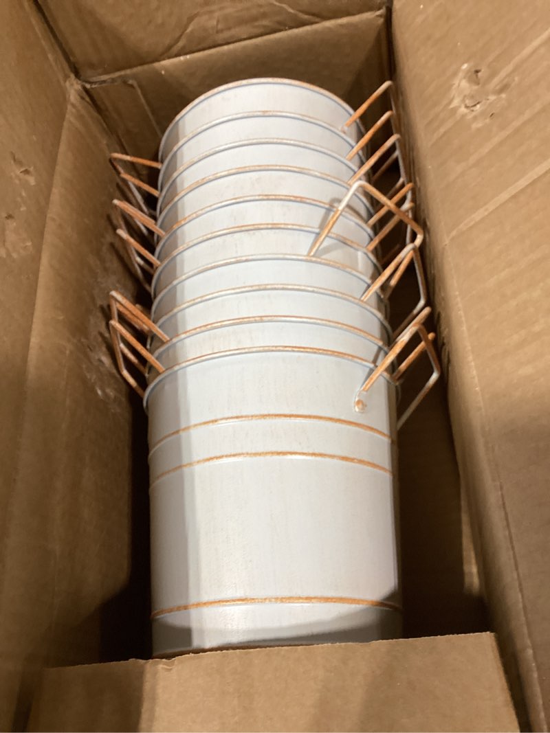 Condition photo showing As Is for 10" tall flower buckets metal vase - pack of 10 rustic farmhouse centerpiece vases for table with handles, wedding home table decor, farmhouse white flower bar bucket holder white 10