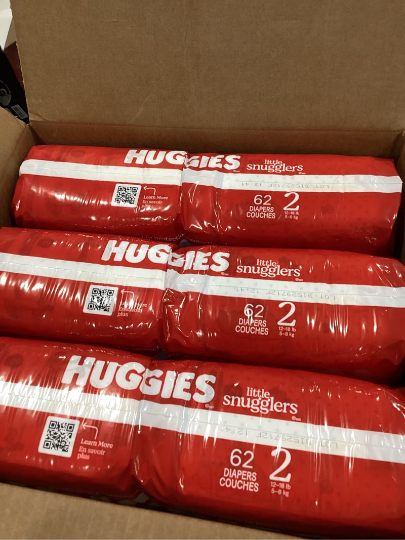 Condition photo showing As Is for Huggies Size 2 Diapers, Little Snugglers Baby Diapers, Size 2 (12-18 lbs), 186 Count (3 Packs of 62), Packaging May Vary