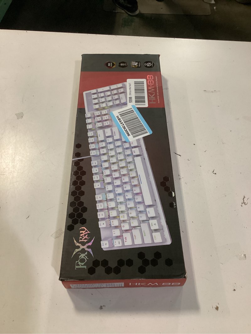 Condition photo showing New/Like New for foxxray hkm-88 full-size mechanical gaming keyboard, customizable keys with macro support, rgb backlit, standard clicky blue switches, usb plug and play for pc white/blue switch