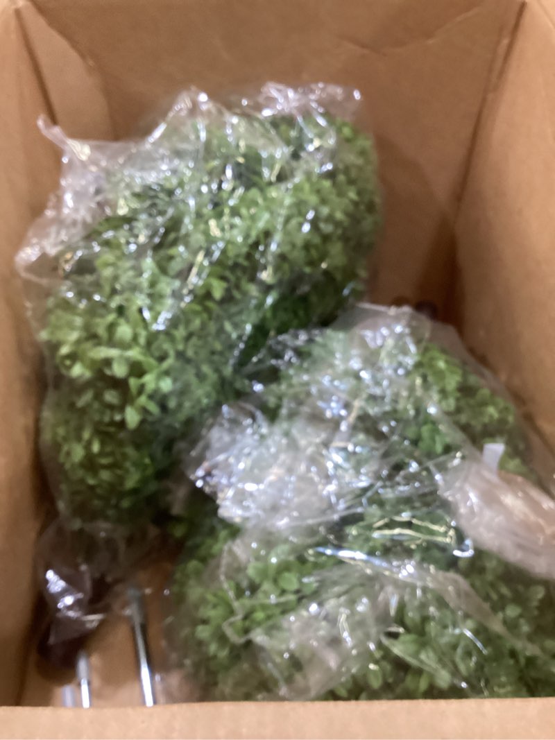 Condition photo showing As Is for Artificial Boxwood Topiary Trees for Outdoors, 2 Pack Faux Topiary Ball Tree UV Resistant Fake Shrubs Evergreen Bush Plants for Front Porch Garden Yard Balcony Wedding Decor, 2 Led String Light