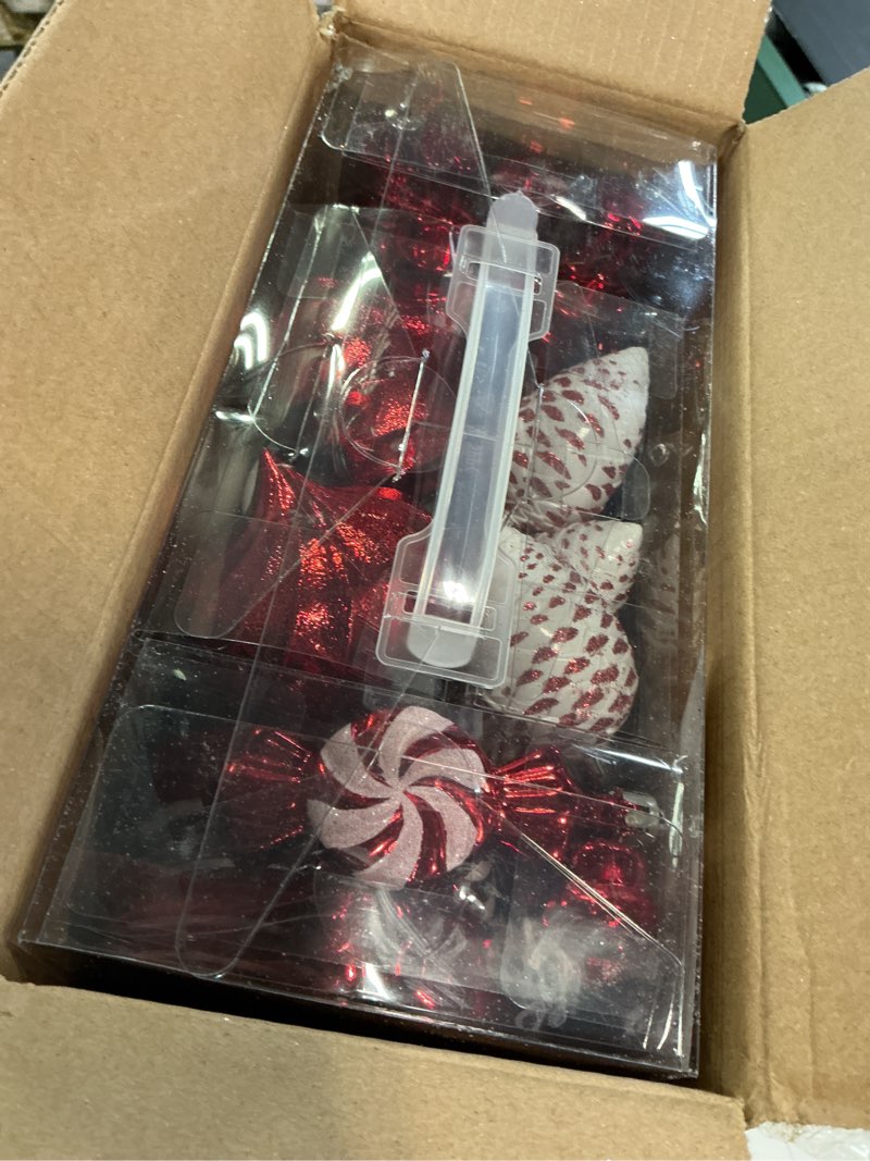 Condition photo showing New/Like New for ITART 105pcs Christmas Tree Ornaments Decorations Assortment Red and White Including Tree Topper Balls Candy Cane Snowflakes Stars Pine Cones Nutcracker Figurines Bead Garland for Christmas Tree Decor