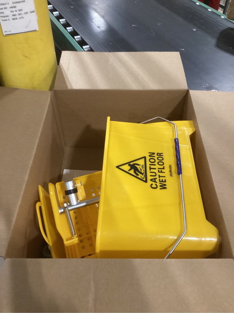 Condition photo showing As Is for Mind Reader Mop Bucket with Wringer, 22 Qt (5.5 Gallon), Floor Cleaning, Handle, Wheels, 16.25"L x 10.75"W x 24.5"H, Yellow Mop Bucket Yellow