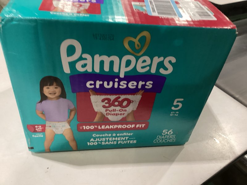 Condition photo showing New/Like New for Pampers Diapers - Cruisers 360 - Size 5, 56 Count, Babyproof up to 100% Leakproof Pull-On Diaper Size 5 56