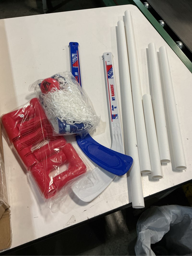 Condition photo showing As Is for Franklin Sports NHL Mini Hockey Set - Kids Indoor Knee Hockey Goal, Ball, + 2 Stick Combo - Youth Team Indoor Toy Set - Official - Ages 3+ New York Rangers (missing parts)