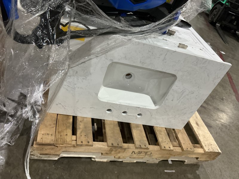 Condition photo showing As Is for allen + roth canterbury 36-in white single sink bathroom vanity with carrara natural marble top