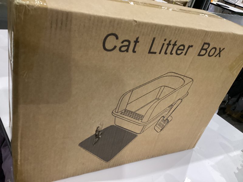Condition photo showing New/Like New for stainless steel cat litter box with lid, 20" l x 14.2" w x11.8 h, large cat litter box for multiple cats with high sided, no-leak & stick, easy to clean, includes litter mat & multi functional scoop light gray l?20" l x 14.2" w'x 11.8" h?