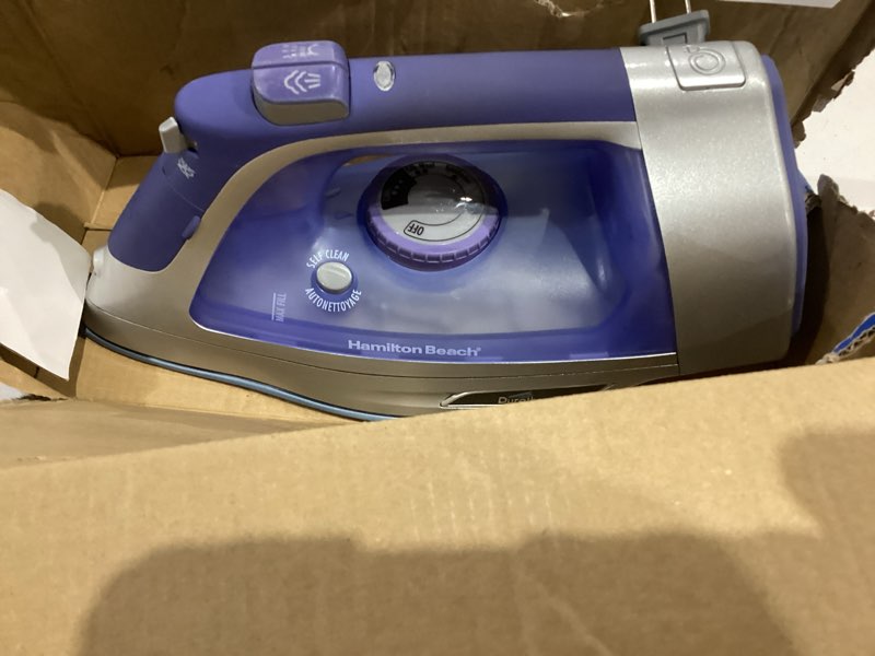 Condition photo showing Good Condition for Hamilton Beach Steam Iron & Vertical Steamer for Clothes with Scratch-Resistant Durathon Soleplate, 8' Retractable Cord, 3-Way Auto Shutoff, Anti-Drip, 1500 Watts, Blue 1500 Watts Standard