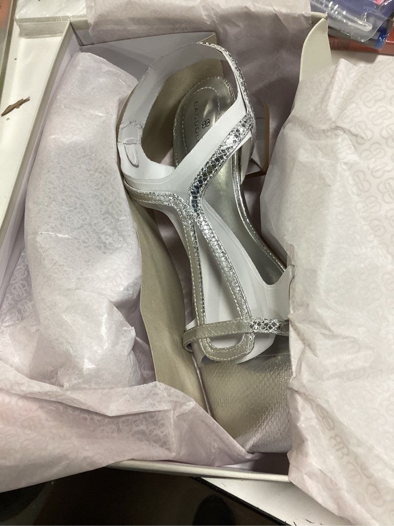 Condition photo showing New/Like New for Bandolino Women's PRIMADON Heeled Sandal, Silver Snake 040, 11