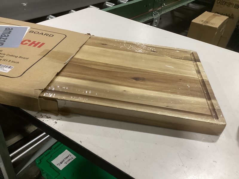 Condition photo showing New/Like New for XL Acacia Wood Cutting Board (20x15x1.5in) and Wooden Butcher Block, Chopping Board-Reversible Multipurpose For Meat, Cheese Board, Vegetables, Bread with Juice Groove, Cracker Holder & Inner Handles 20"L x 15"W