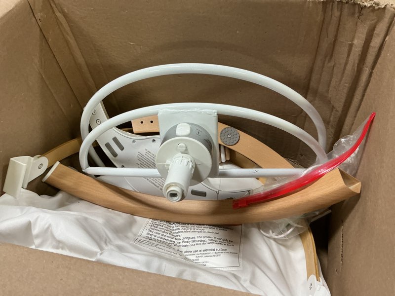 Condition photo showing As Is for Jool Baby Nova Nature Baby Swing for Newborns with Natural Wood Toys, Electric Motorized Infant Swing, Bluetooth Music, Remote (Gray)