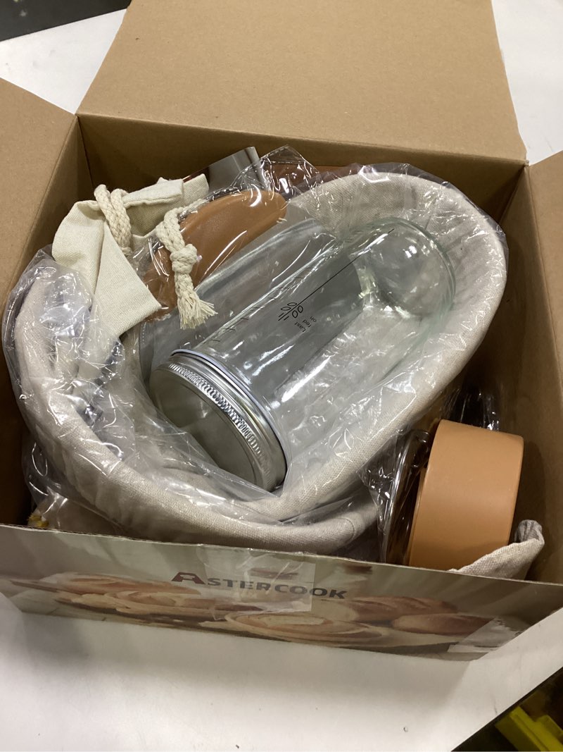 Condition photo showing Good Condition for Astercook Sourdough Starter Kit with Round & Oval Banneton Bread Proofing Basket, Bread Sling, Starter Jar, Dough Whisk, Scrapers, Stencils, Cooling Rack & Bag Complete Sourdough Bread Baking Supplies