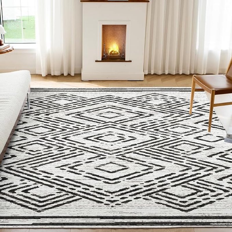 Syalife Boho Area Rug, Non Shedding 8x10 Washable Rug with Non Slip Backing, White and Black Modern Geometric Carpet, Indoor Bohemian Rug for Living Room Entryway Bedroom Kitchen - White, Black