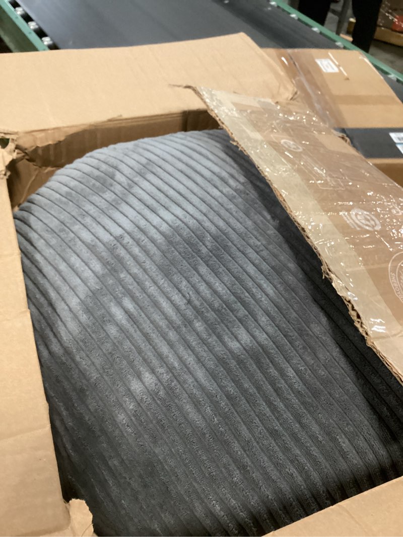Condition photo showing As Is for HIGOGOGO Round Stuffed Pouf Ottoman, Corduroy Poufs with Foam Chunk Filling, Furry and Fluffy Pouf Foot Stool Storage Ottoman, 20 X 15 Floor Poufs Foot Rest for Living Room, Dark Grey 20 inch Dark Grey