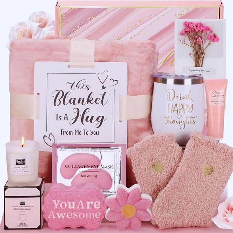 Birthday Gifts for Women Self Care Gifts Get Well Soon Gifts, Pink Sweet Relaxing Spa Gifts Basket C