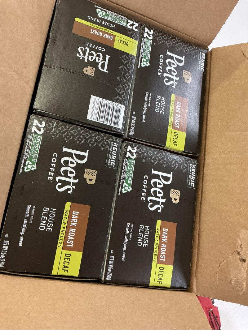 Condition photo showing New/Like New for (bbd :12/08/2025 ) peet's coffee, dark roast decaf keurig k-cup pods - decaf house blend 88 count (4 boxes of 22 k-cup pods) decaf house blend 22 count (pack of 4)