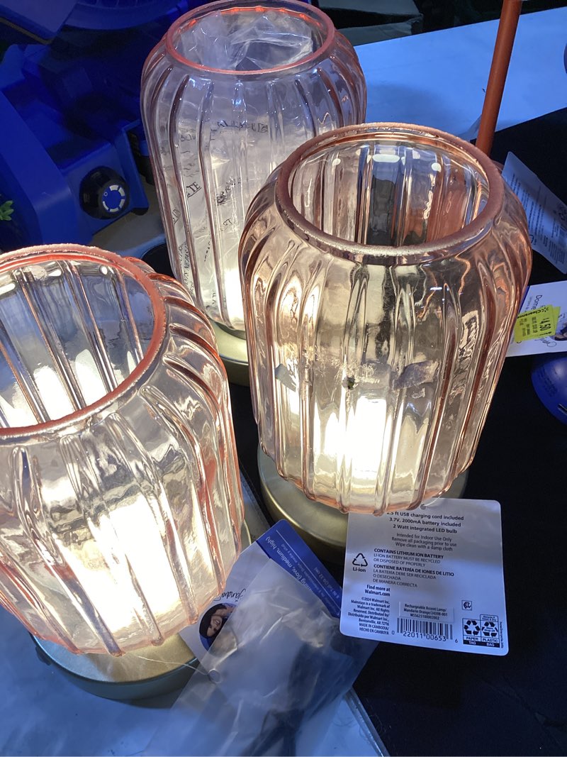Condition photo showing Good Condition for (qty 3) mainstays by becky g. & alejandra 8.5\" rechargeable mimosa pink ribbed glass uplight, gold metal base