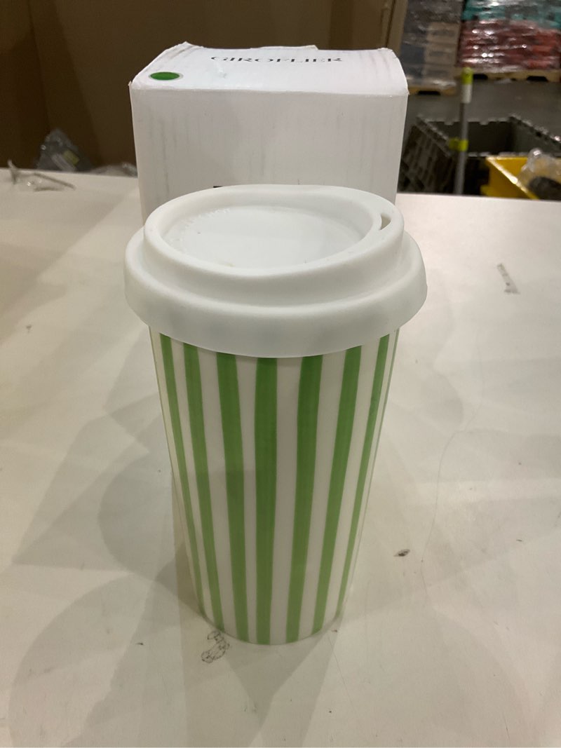 Condition photo showing New/Like New for Millie 12oz Ceramic Tumbler - Stylish Travel Coffee Mug with Lid, Microwave & Dishwasher Safe - Ceramic Travel Mug with Lid- Unique Gift Idea for Women & Men Who Love Coffee on the Go Green