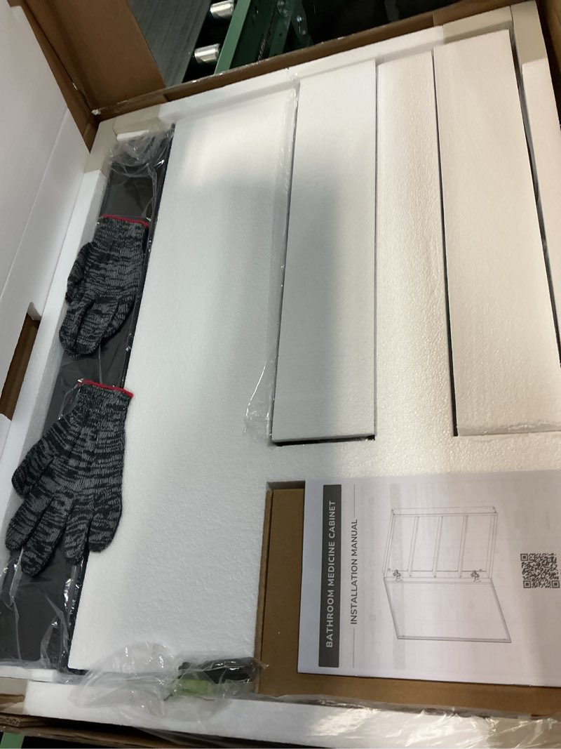 Condition photo showing Good Condition for tokeshimi 20 x 26 mirror medicine cabinet for bathroom, assembly required, black recessed medicine cabinet with mirror, steplessly adjustable shelves, beveled aluminum frame, tempered glass black 20x26 in