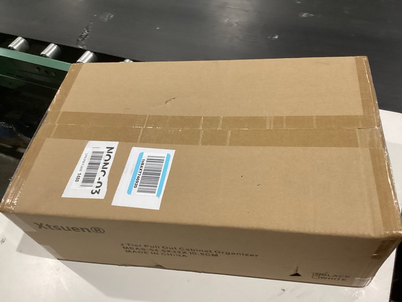 Condition photo showing As Is for 2-Tier Expandable Pull Out Cabinet Organizer, 21" Deep Heavy-Duty Slide Rail Slide Out Drawer Organizers with Adhesive Nano Film for Pots, Roll out Shelf Storage for Kitchen & Pantry Storage,White 21" Deep 2 Tier-bk