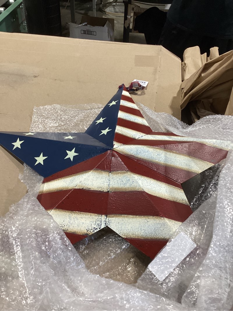 Condition photo showing Good Condition for patriotic metal barn star wall decor, 22inch hanging usa flag metal stars ornament indoor outdoor americana star decor for door porch july 4th memorial day labor day decoration large barn star b