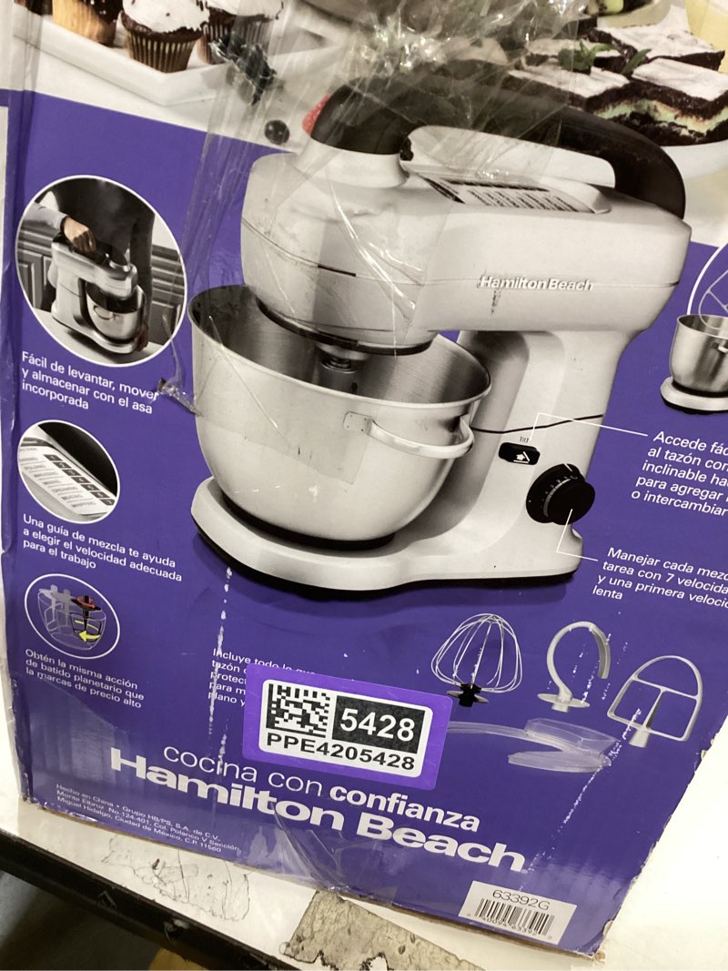 Condition photo showing Good Condition for hamilton beach electric stand mixer, 4 quarts, dough hook, flat beater attachments, splash guard, 7 speeds with whisk, easy-carry top handle, silver silver 4 quarts