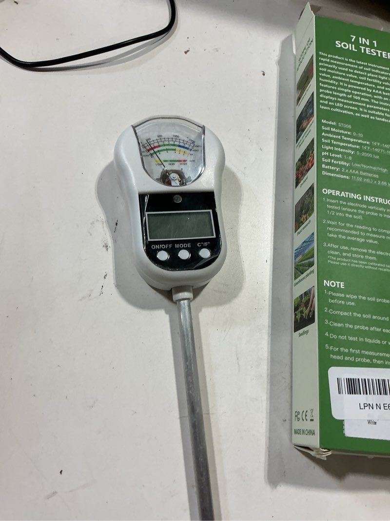 Condition photo showing As Is for hslgove soil test kit, 7-in-one soil moisture meter/soil ph meter/fertility, dual screen soil tester w/digital soil temp/air temp&humidity for plants gardening,lawn,farm indoor&outdoor-lvory white lvorywhite