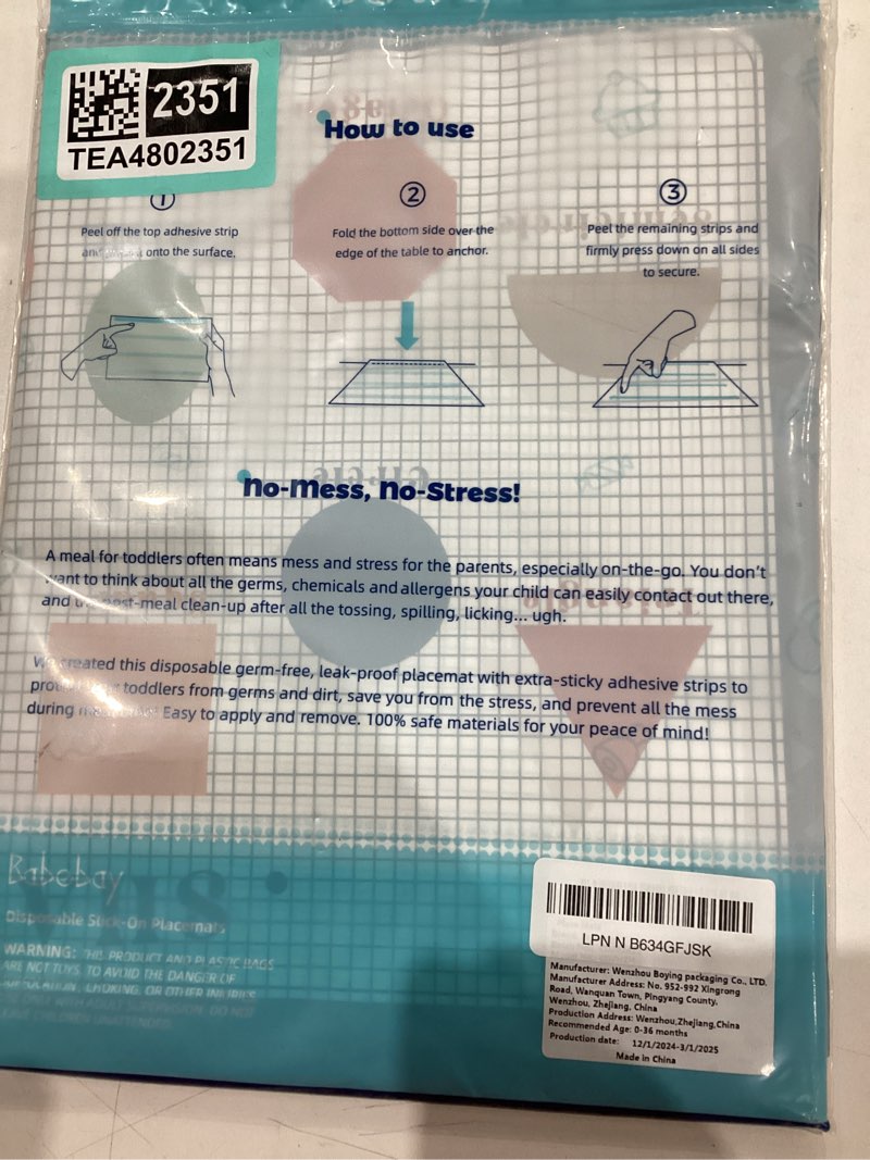 Condition photo showing Good Condition for Babebay Disposable Placemats for Baby, 60 Pack Sticky Toddler Placemat for Restaurants, Dining Table, Party, Travel, 12" x 18" with 4 Designs Alphabet and Number 12x18 Inch (Pack of 60)
