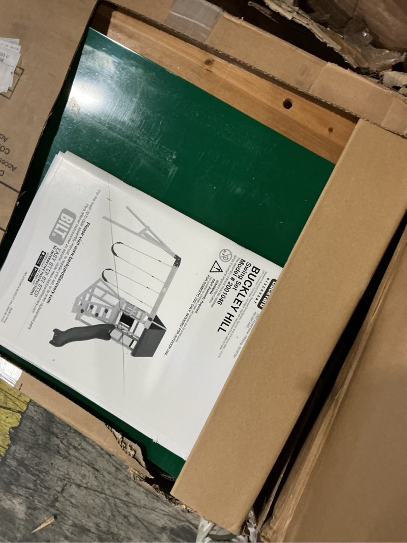 Condition photo showing As Is for Backyard Discovery Buckley Hill Cedar Wood Swing Set with Wave Slide, Play Deck, Rock Wall Ladder, Belt Swings, Chalkboard, Canopy Roof, Outdoor Playset Green(incomplete box 1)