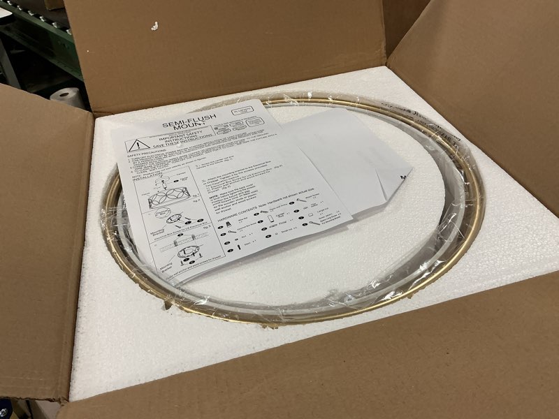 Condition photo showing As Is for 3-Light Semi Flush Mount Ceiling Light, 16" Drum Light with Fabric Shade, Modern Close to Ceiling Lamp for Living Room Bedroom Dining Room Kitchen Hallway Entry Foyer (Gold)