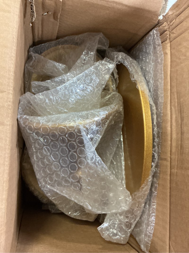 Condition photo showing New/Like New for three-piece cake stand set, metal round trays, 8-inch, 10-inch, and 12-inch, for dessert table displays; perfect for christmas, thanksgiving, birthdays, weddings, and other celebrations(gold)