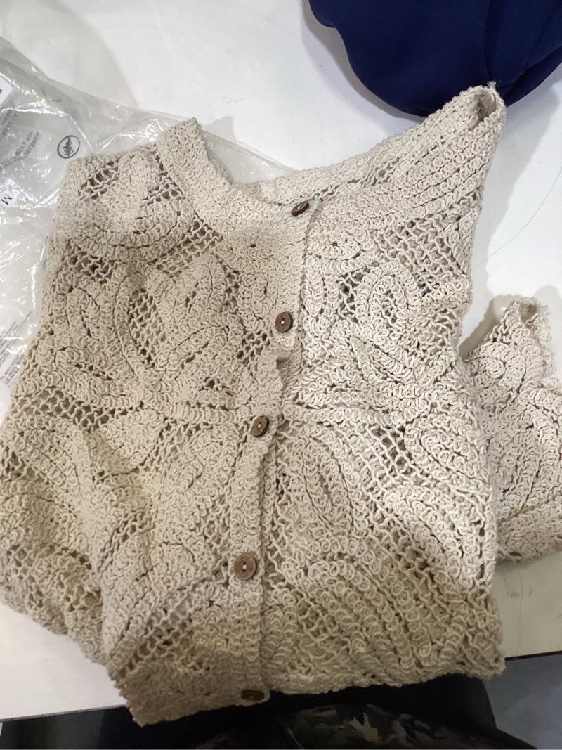 Condition photo showing Good Condition for women crochet tops wood button up sweater cute outfits beach vacation clothes beige medium