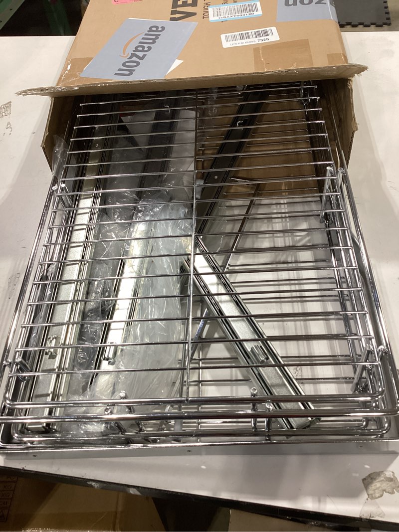 Condition photo showing Good Condition for vevor pull out cabinet organizer, 14" wx21.2 dx15.2 h heavy 2 tier duty slide out pantry shelves, chrome-plated steel roll out drawer for under sink, 15.5" wx22.5 dx19 h install size for cabinet 14"wx21.2"dx15.2"h