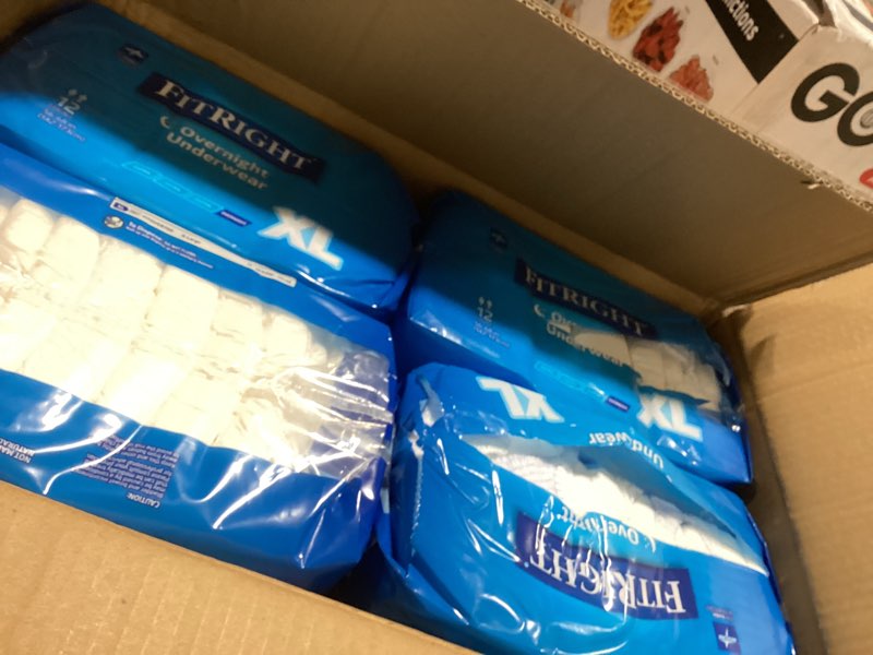 Condition photo showing As Is for FitRight Overnight Unisex Extra Large Underwear, (56-68 in Waist) 48 Count (4 Bags of 12), Maximum All Night Disposable Incontinence Protection, Pull-On Absorbent Underwear for Men and Women X-Large 4 Bags