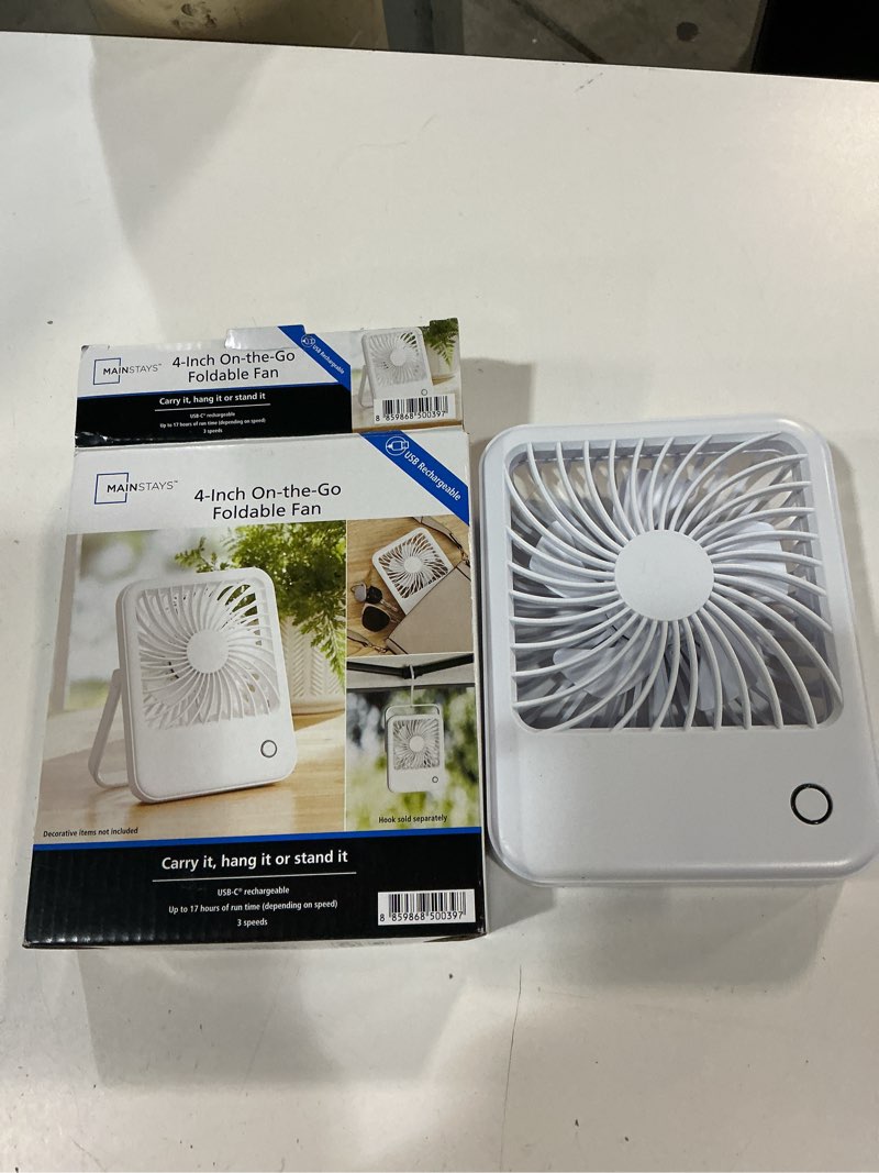 Condition photo showing Good Condition for new 3-speed 4" portable rechargeable foldable fan with lighted button, white