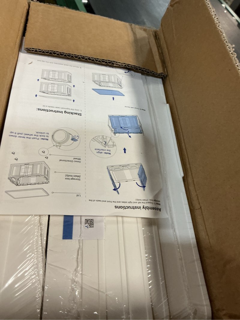 Condition photo showing New/Like New for olarhike 144qt lockable storage bins with lids - folding storage box with doors and wheels, collapsible plastic bins for closets, stackable organizer and containers, gifts, 3 pack cubes 48qt-white 3pack