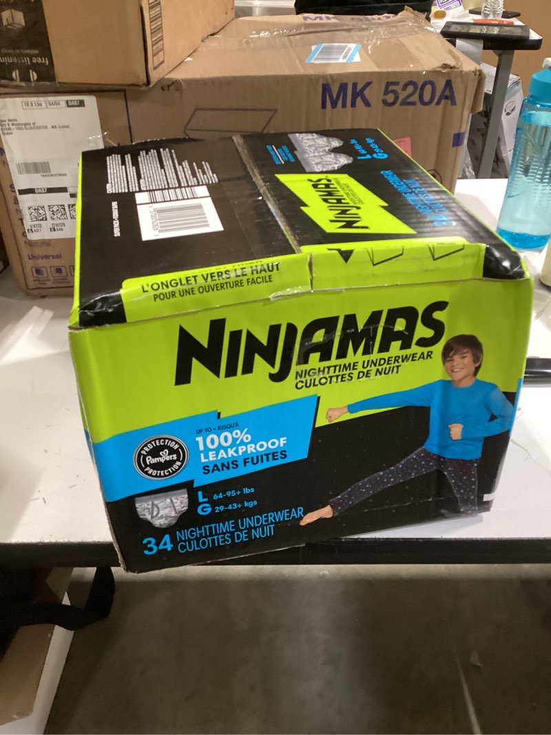 Condition photo showing New/Like New for ninjamas boys bedwetting nighttime underwear, size l (64-95+ lbs), 34 count, overnight protection, ultra absorbent, hypoallergenic large 34