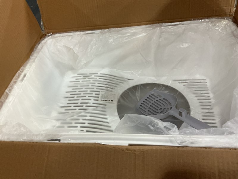 Condition photo showing New/Like New for Top Entry Cat Litter Box with Lid, Stainless Steel XXL Enclosed Cat Kitty Litterbox, Top Opening Extra Large Enclosure Metal High Side Litter Pan Tray Box Dog Proof, Easy Cleaning, White