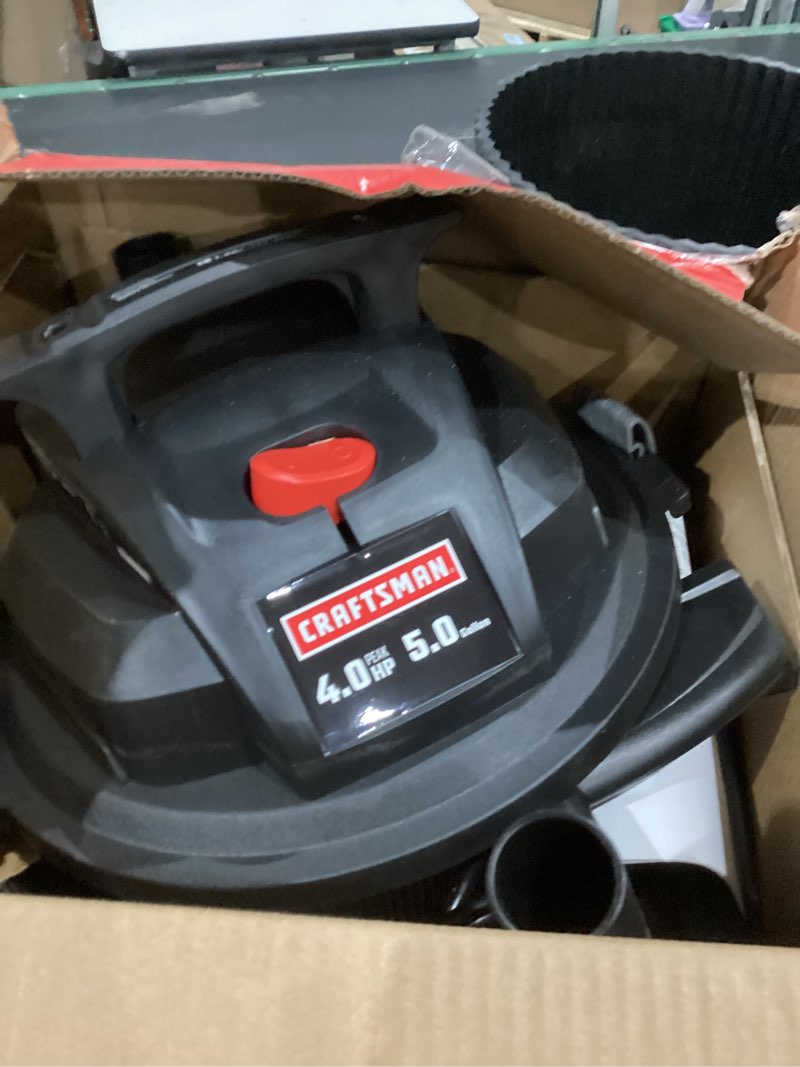 Condition photo showing As Is for craftsman 5-gallon 4-hp corded wet/dry shop vacuum with accessories included
