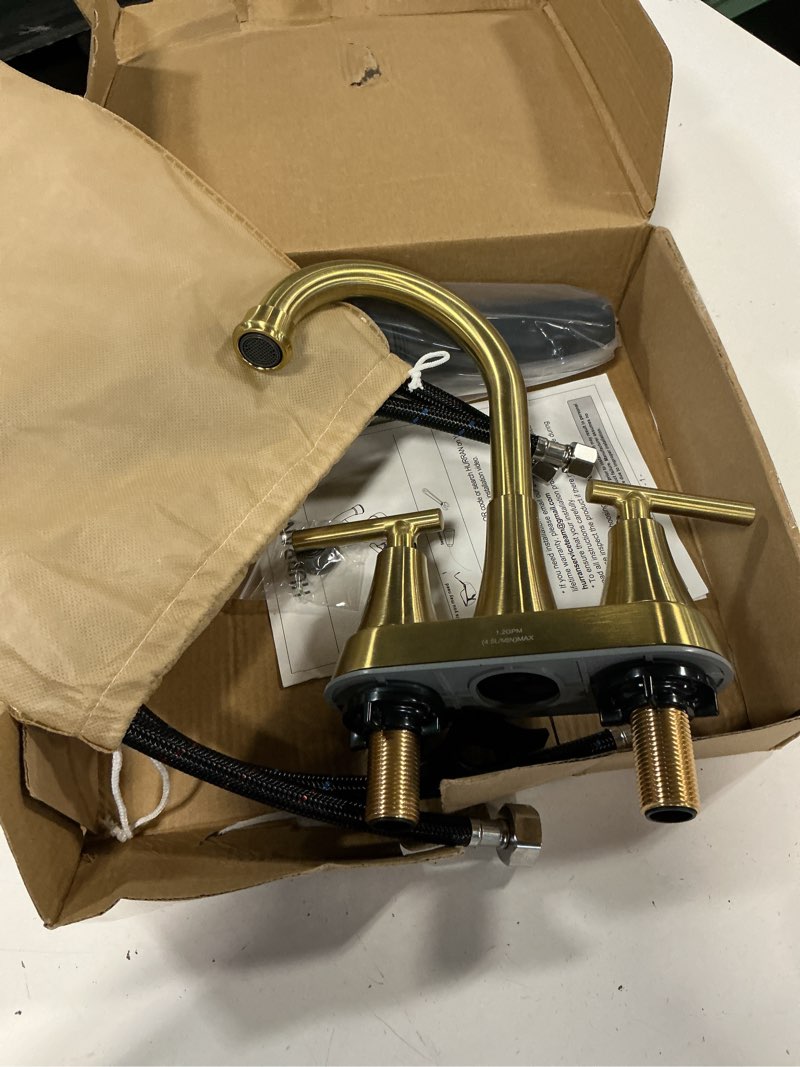 Condition photo showing Good Condition for brushed gold bathroom faucet, hurran 4 inch centerset 2-handle lead-free | bathroom sink faucet with pop-up drain and supply lines, stainless steel faucet for vanity rv restroom laundry outdoor sink