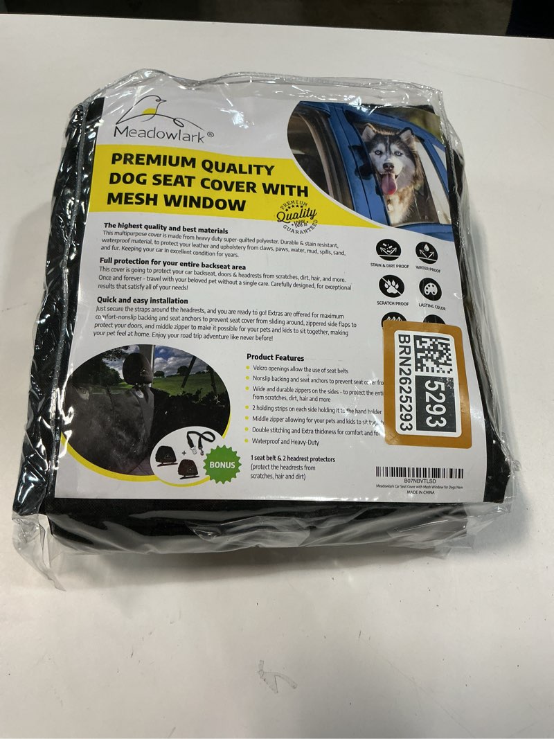 Condition photo showing New/Like New for Meadowlark Dog Car Seat Cover with Mesh Window, Heavy-Duty Pet Seat Cover for Back Seat, Extra Padded Non-Slip Dog Hammock, Water-Resistant Back Seat Protector for Cars Trucks and SUVs (54" W x 58" L) 58" L x 54" W without Seat Belt Black / Mesh