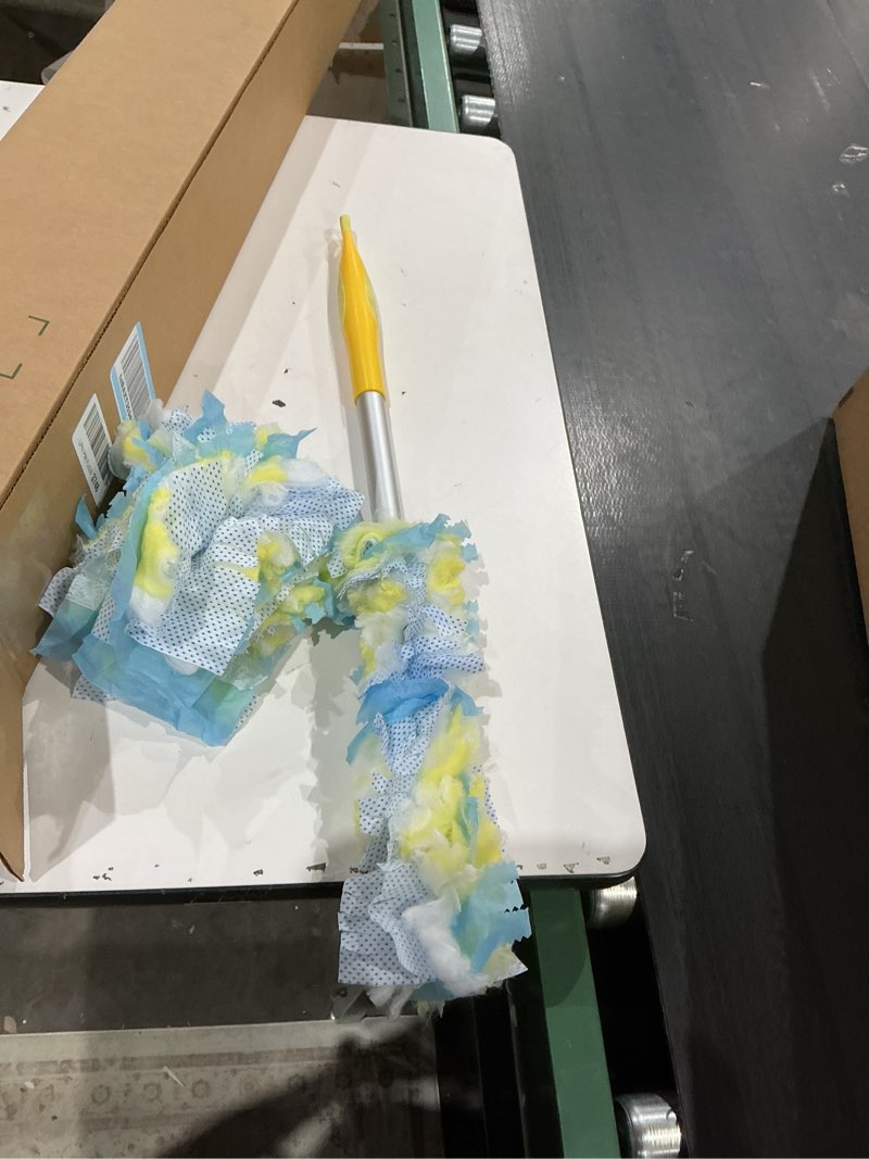Condition photo showing As Is for swiffer duster kit with 6 ft super extendable handle, heavy duty starter kit with 8 refills