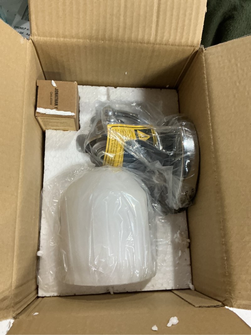 Condition photo showing New/Like New for jonathan y 7.5" chrome modern farmhouse led vanity light wall sconce fixture, frosted white glass shade, dimmable wall lamp for bathroom mirror kitchen sink, ul listed jyl7549a chrome 1 bulb