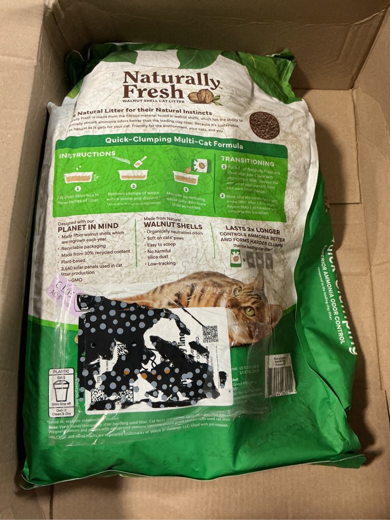 Condition photo showing Good Condition for naturally fresh cat litter made from walnut shells, quick-clumping, unscented, upcycled, easy scooping, sustainable, 30 lbs
