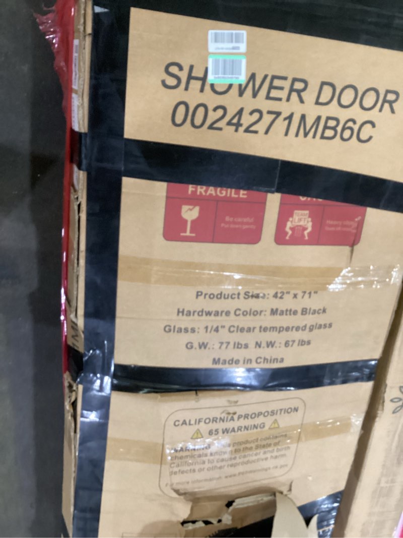 Condition photo showing As Is for incomplete *pivot shower door,38-42" w x 71" h semi-frameless swing glass shower door with 1/4"(6mm) clear sgcc tempered glass,magnetic closing,matte black matte black pivot 42" w x 71" h